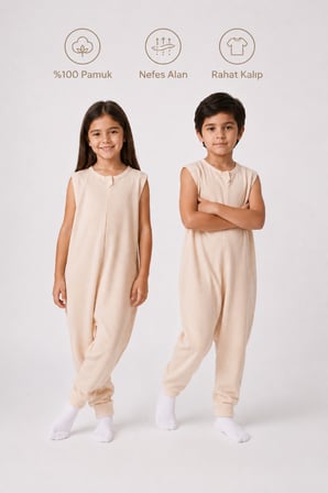 1 Tog Yazlık Çocuk Uyku Tulumu 1-8 Yaş Unisex Kısa Kollu %100 Pamuk Waffle 2702 
