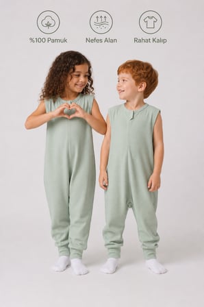 1 Tog Yazlık Çocuk Uyku Tulumu 1-8 Yaş Unisex Kısa Kollu %100 Pamuk Waffle 2702 