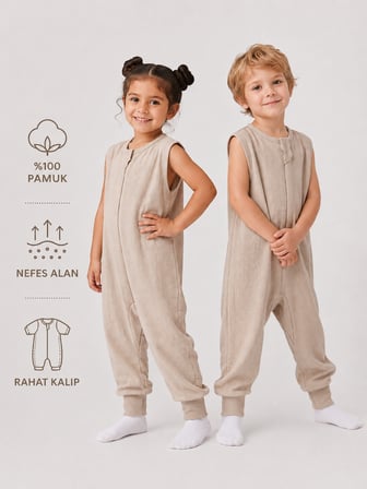 1 Tog Yazlık Çocuk Uyku Tulumu 1-8 Yaş Unisex Kısa Kollu %100 Pamuk Waffle 2702 