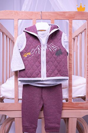 Babyhola Elyaf Dolgulu 1 Tog Kapitone Yelek Badi Pantolon Erkek Bebek 3'lü Takım 12610