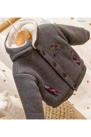 Erkek Kız Bebek Kapüşonlu Peluş Astarlı Hırka Kaban Happy Nakışlı Ekose Cep Detaylı 13407