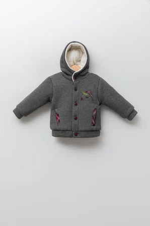 Erkek Kız Bebek Kapüşonlu Peluş Astarlı Hırka Kaban Happy Nakışlı Ekose Cep Detaylı 13407