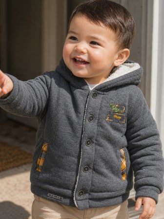 Erkek Kız Bebek Kapüşonlu Peluş Astarlı Hırka Kaban Happy Nakışlı Ekose Cep Detaylı 13407