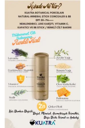 Kuatra Botanical Porcelain Natural-Mineral Stick Concealer & BB | SPF 50+ PA++++ | Çok Amaçlı Nemlendirici, Leke Karşıtı, Vitamin C, Renkli Bakım