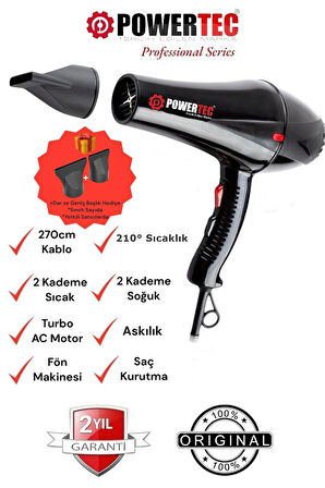Powertec TR-901 2500 W AC Motor Profesyonel Sıcak ve Soğuk Saç Kurutma ve Fön Makinesi