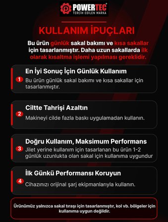 Powertec TR-150 Profesyonel Şarjlı Günlük Sakal Tıraş Makinesi Sinekkaydı Tıraş ve Erkek Bakım