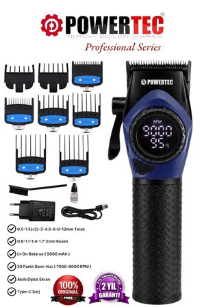 Powertec TR-5100 Profesyonel Saç Tıraş Makinesi | 9000 RPM Dijital Ekran | Şarjlı Berber Tipi Clipper