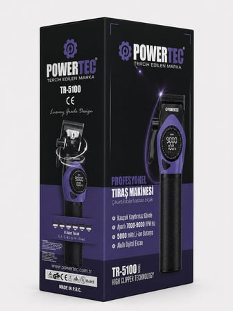 Powertec TR-5100 Profesyonel Saç Tıraş Makinesi | 9000 RPM Dijital Ekran | Şarjlı Berber Tipi Clipper