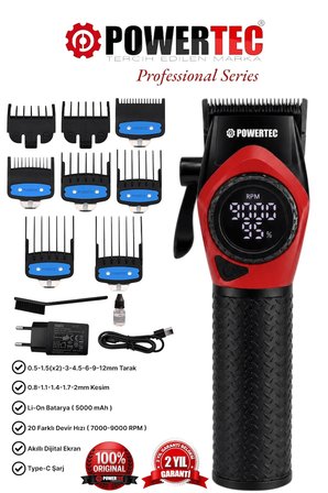 TR-5100 Profesyonel Saç Tıraş Makinesi | 9000 RPM Dijital Ekran | Şarjlı Berber Tipi Clipper