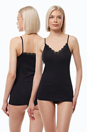 Kadın Beyaz Ten Rengi 2 li İnce Askılı Çift Yönlü Dantelli Modal Atlet 2M1045