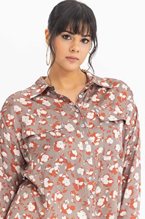 Gala-Xi Galaxi Kadın Büyük Beden Desenli Manşetli Gömlek 3051000 Vizon