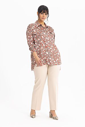 Gala-Xi Galaxi Kadın Büyük Beden Desenli Manşetli Gömlek 3051000 Vizon