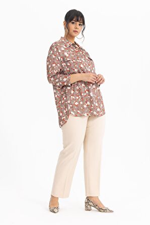 Gala-Xi Galaxi Kadın Büyük Beden Desenli Manşetli Gömlek 3051000 Vizon