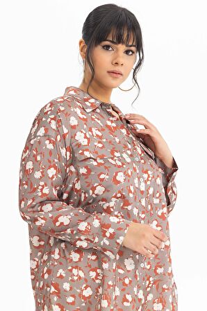 Gala-Xi Galaxi Kadın Büyük Beden Desenli Manşetli Gömlek 3051000 Vizon