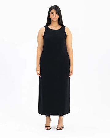 Büyük Beden Astarlı Kolsuz Elbise-Siyah | 50