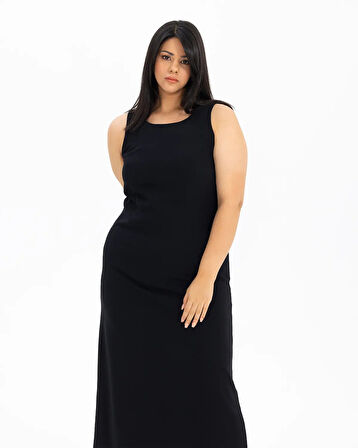 Büyük Beden Astarlı Kolsuz Elbise-Siyah | 50