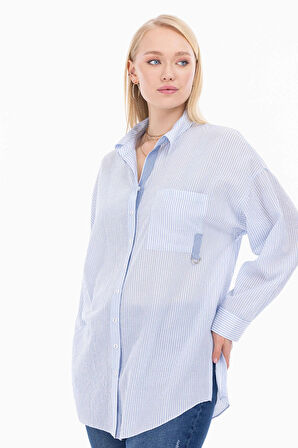 Galaxi Kadın Büyük Beden Şerit Desenli Çizgili Gömlek 1041 Mavi