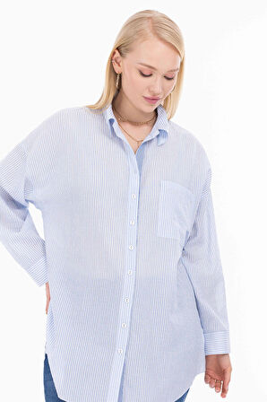 Galaxi Kadın Büyük Beden Şerit Desenli Çizgili Gömlek 1041 Mavi
