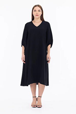 Galaxi Kadın Büyük Beden Midi Boy Truvakar Kol Elbise 1090 Siyah