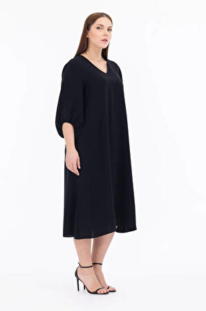 Galaxi Kadın Büyük Beden Midi Boy Truvakar Kol Elbise 1090 Siyah