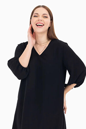 Galaxi Kadın Büyük Beden Midi Boy Truvakar Kol Elbise 1090 Siyah