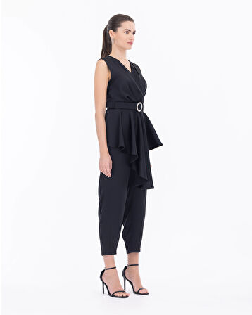 Kemerli Peplum Kolsuz Şık Tulum-Siyah | 36
