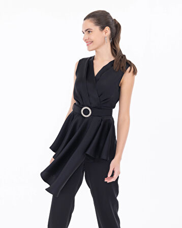 Kemerli Peplum Kolsuz Şık Tulum-Siyah | 36