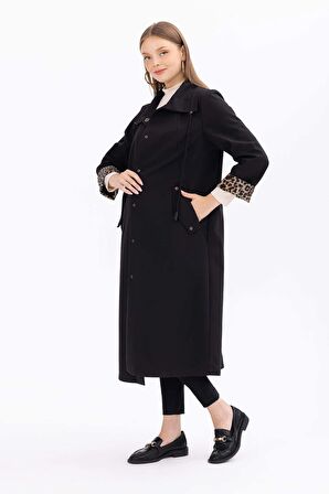 Galaxi Kadın Büyük Beden Astarı Desenli Midi Boy Trençkot 1008 Siyah