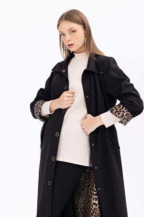 Galaxi Kadın Büyük Beden Astarı Desenli Midi Boy Trençkot 1008 Siyah