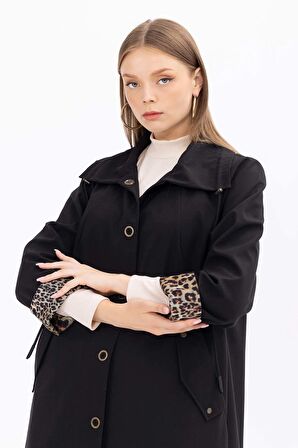 Galaxi Kadın Büyük Beden Astarı Desenli Midi Boy Trençkot 1008 Siyah