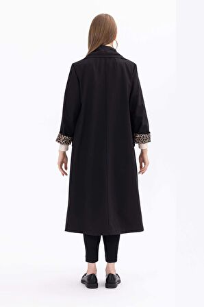 Galaxi Kadın Büyük Beden Astarı Desenli Midi Boy Trençkot 1008 Siyah