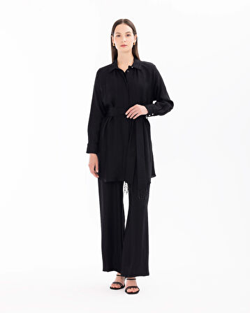 Kadın Düğme Detaylı Geniş Paça Pantolon-Siyah | 40