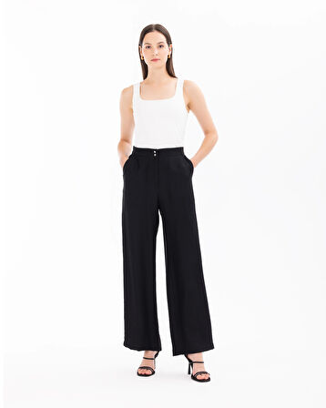 Kadın Düğme Detaylı Geniş Paça Pantolon-Siyah | 40