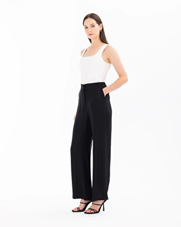 Kadın Düğme Detaylı Geniş Paça Pantolon-Siyah | 40