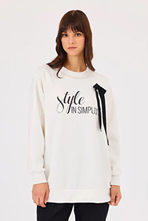 Kadın Sweatshirt Baskılı - Ekru | S