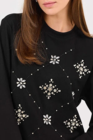 Kadın Yuvarlak Yaka Taşlı Sweatshirt - Siyah | M