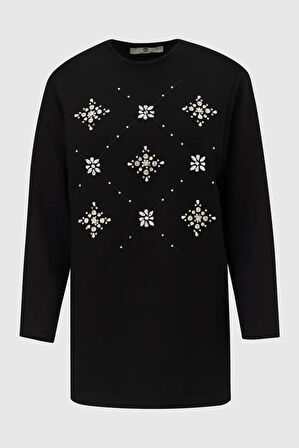 Kadın Yuvarlak Yaka Taşlı Sweatshirt - Siyah | M