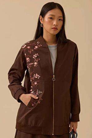 Kadın Regular Fit Çiçek İşlemeli Uzun Bomber Ceket - Kahverengi | 38