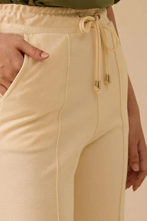 Kadın Bağcıklı Bol Paça Pantolon - Krem | L