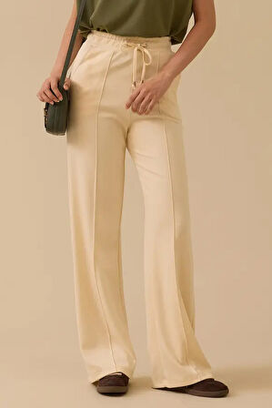 Kadın Bağcıklı Bol Paça Pantolon - Krem | S