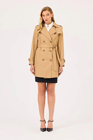Kadın Kuşaklı Düğmeli Trençkot - Camel | 38