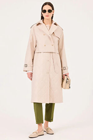 Kadın İç Yelekli Düğmeli Kuşaklı Trençkot - Bej | 36