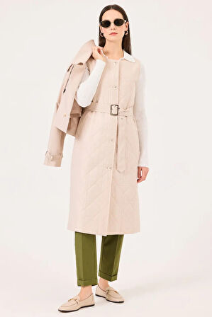 Kadın İç Yelekli Düğmeli Kuşaklı Trençkot - Bej | 36
