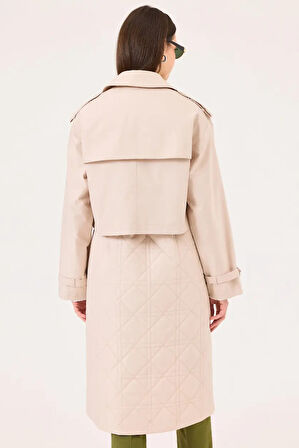 Kadın İç Yelekli Düğmeli Kuşaklı Trençkot - Bej | 40