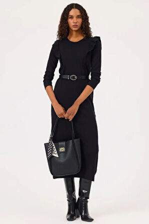 Kadın Fırfır Detaylı Uzun Kollu Triko Elbise - Siyah | L