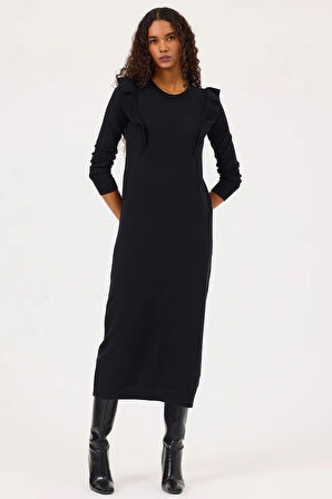 Kadın Fırfır Detaylı Uzun Kollu Triko Elbise - Siyah | L