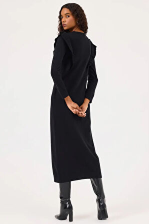 Kadın Fırfır Detaylı Uzun Kollu Triko Elbise - Siyah | L
