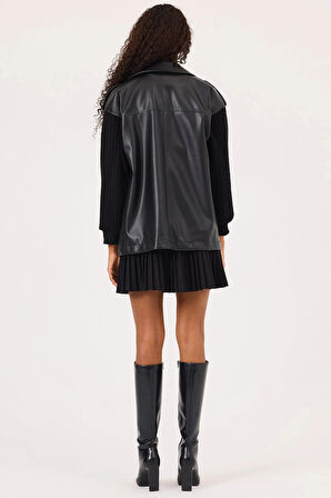 Seçil Kadın Çift Kumaşlı Cepli Fermuarlı Suni Deri Ceket 0039 Siyah