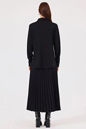 Kadın Desenli Düğmeli Gömlek - Siyah | S