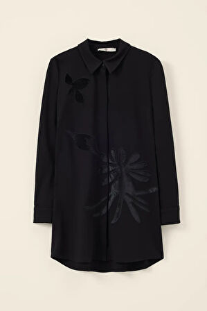 Kadın Desenli Düğmeli Gömlek - Siyah | S